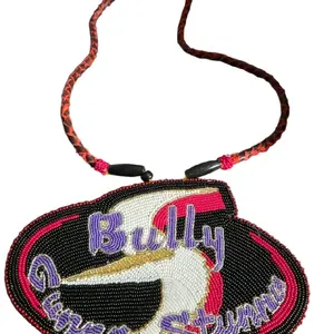Handmade Native American Beaded Medallion Necklace Bully Gonna Stunna Braided with Colorful Beads and Braided Design in Soft Faux Leather Backing
