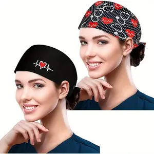 2PCS Adjustable Working Caps with Button Sweatband, Women Ponytail Pouch Hats, Long Hair Nurse Scrub Cap Nurse Hats