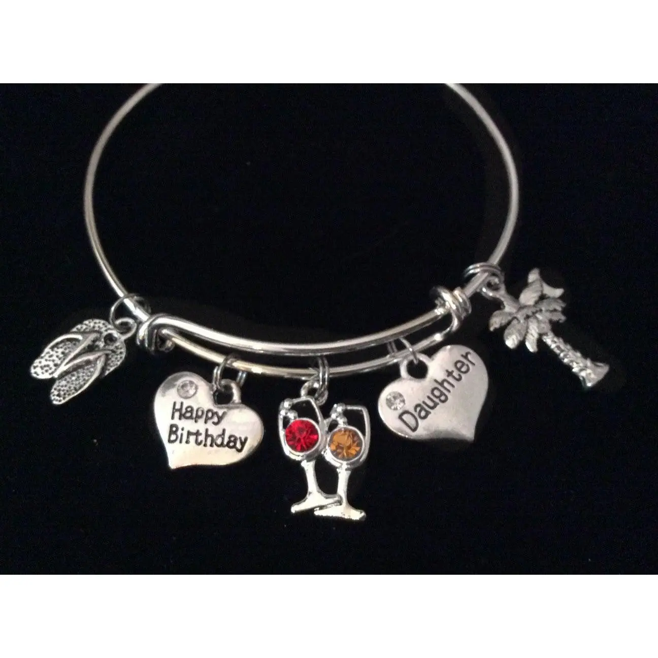 Happy Birthday Daughter Wine glasses Silver Expandable Charm Bracelet Adjustable Wire Bangle