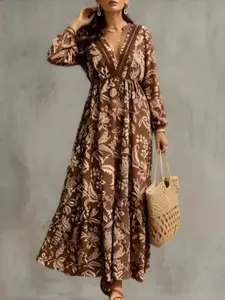 Lady's Stylish Women's Bohemian Floral Print V-Neck Long Sleeve Flowy Maxi Dress, Layered Ruffle Hem, Casual Wear for Spring & Summer, Womens Dresses