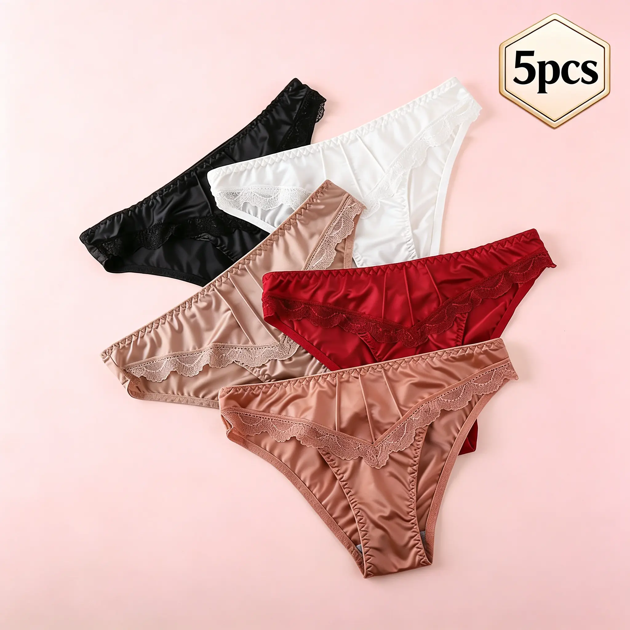 Women Seamless Panties with Floral Lace, Soft Silky Stretch Design, Low Waist Comfort Thong, 5 Pieces Lingerie Set