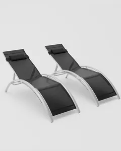 Set of 2 Aluminum Outdoor Lounge Chairs Adjustable Backrest,All-Weather Sunbathing Recliner Chairs Tan Fabric with Armrests,Black