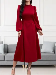 Women's Wine Long Sleeve Dress, Elegant Round Neck Woven Fabric, Moderate Thickening, All Season Wearable