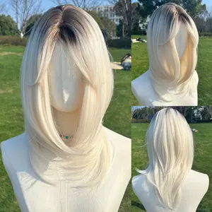 SMILCO/22Inch Ombre Brown Ash Platinum Medium Straight With Bangs Synthetic Wig/SM435