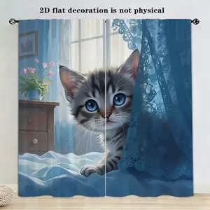 2 Pcs Blue Eyes Tabby Cat Print Window Curtains, Rod Pocket Light Filtering Drapes, Pastel Blue Room Aesthetic Curtains for Bedroom Decor