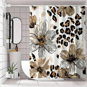 Modern Floral and Leopard Print Shower Curtain, Stylish Bathroom Decor, Bold Flower Patterns, Background, Spring Refresh, Contemporary Aesthetic