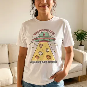 Here For The Cats Humans Are Weird UFO Cat Abduction Graphic Women's Cute Kawaii Cat Lover Cotton Tee For Pet Owner Daily Style