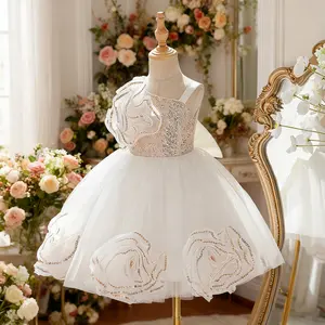 6061 Girls' large flower embroidered dress high-end dress pink sweet dress suitable for piano performance birthday party