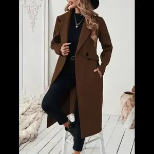 Halloween Women's Notched Collar Camel Wool Blend Coat With Belt Long Coat Fall Coat Sleeve Open Front Blazer Faux Fur Lapel Coat Double Breasted Wool Coat Double-Breasted Pea Coat