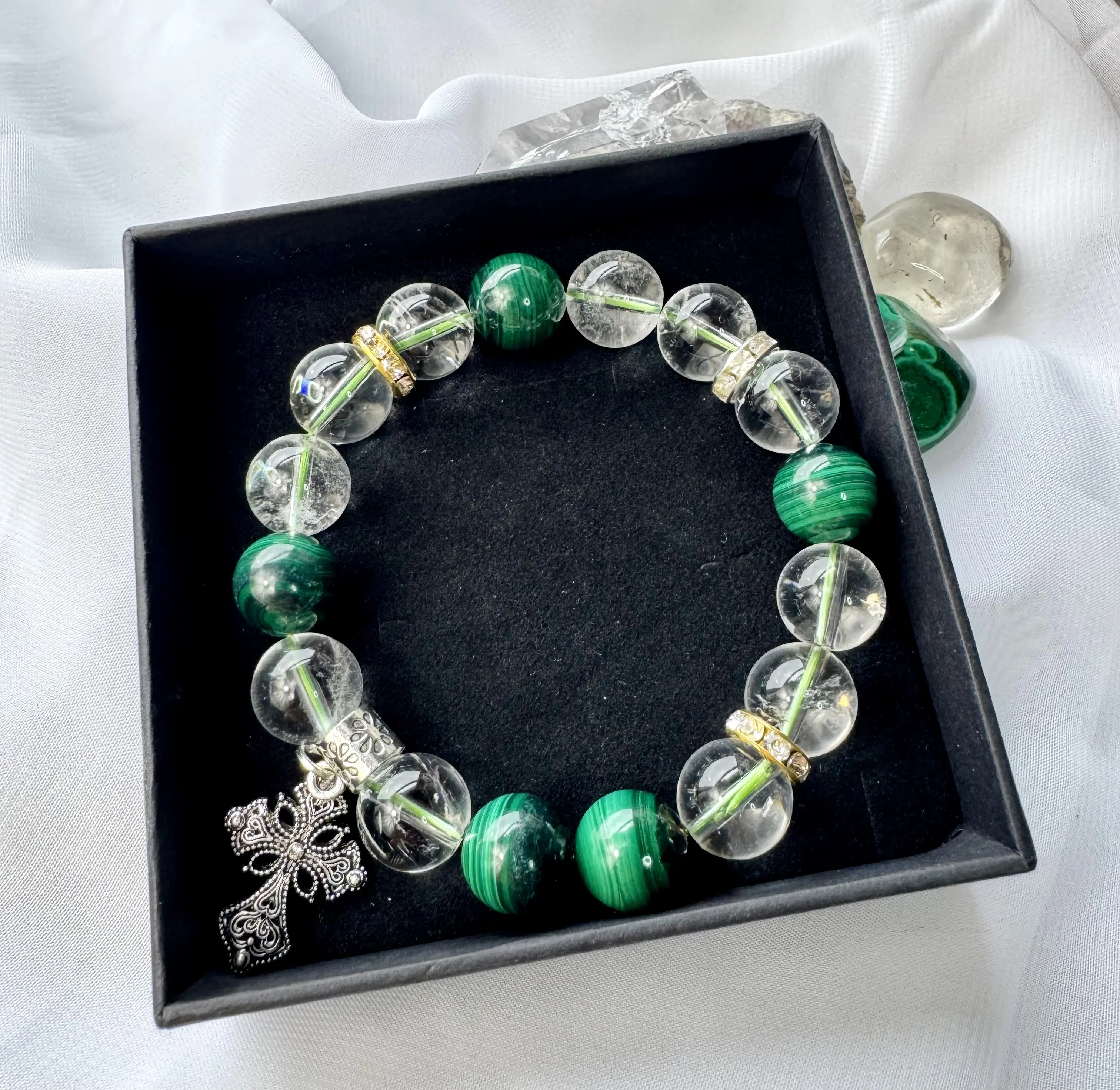 Malachite & Clear Quartz Crystal Bracelet with Silver Cross 12mm Beads Stone of Transformation Divine Protection for Adults