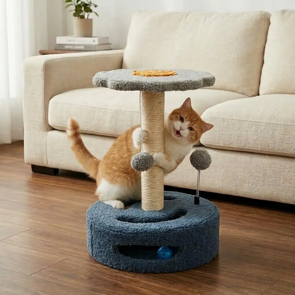 4-in-1 Small Cat Tree Scratching Post 18 Inch Multi Functional Sisal Cat Scratcher Tower with Flower Top Platform, Track Ball & Hanging Pom Pom Toys, Stable Indoor Cat Play Station Stop Cats Scratching Furniture Grey