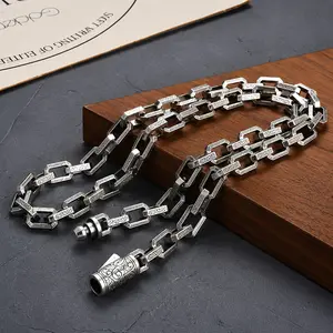 925 Sterling Silver Link Chain Necklace for Men Heavy Chunky Geometric Box Chain Oxidized Antique Silver Baroque Engraved Choker Gothic Punk Rock Jewelry Gift for Him engagement anniversary party jewelry gift