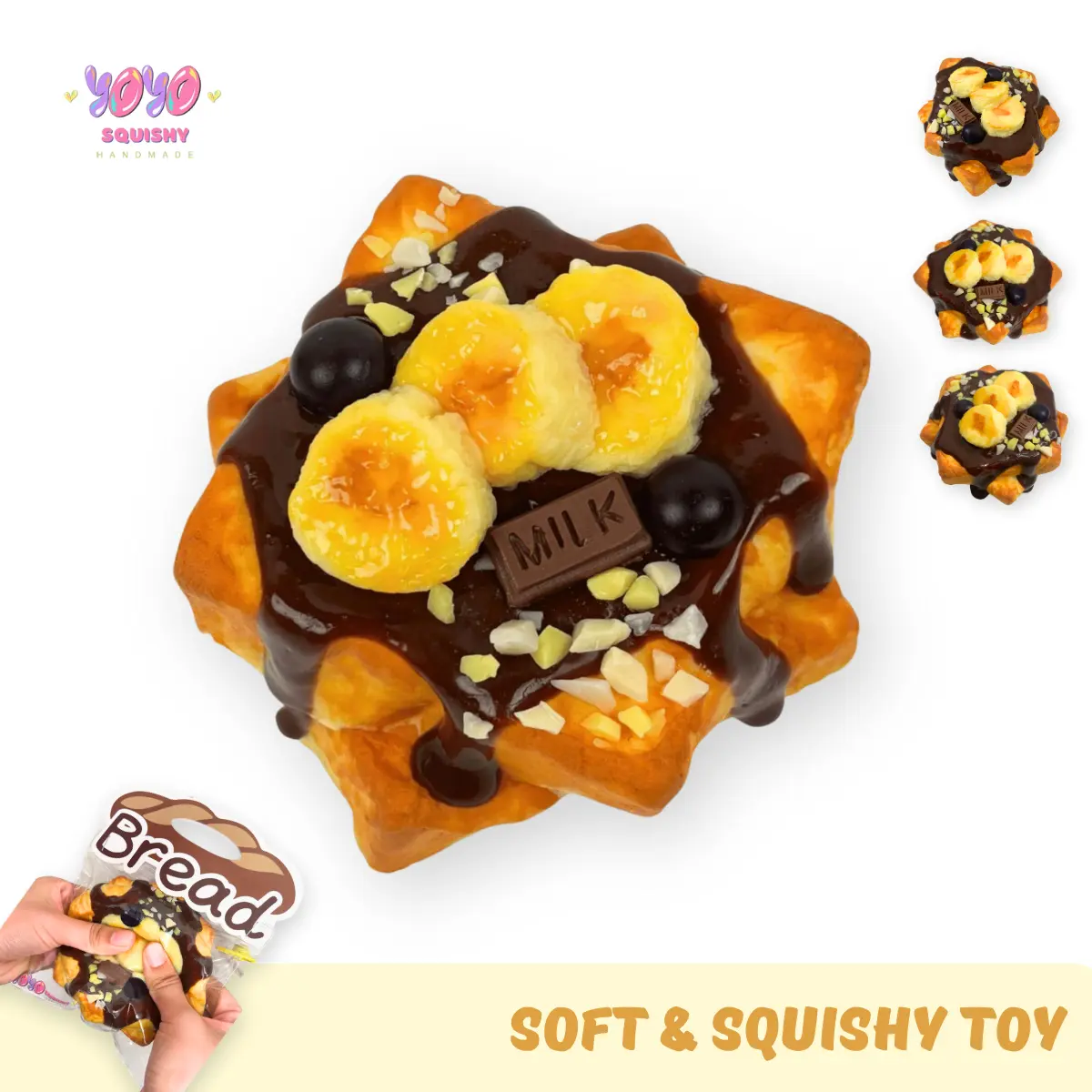 YOYOSQUISHY Handmade Chocolate Banana Toast Taba Squishy Toy, Kawaii Squishies, Soft Silicone with Muddy Texture, Stress-Relieving Fidget Accessory