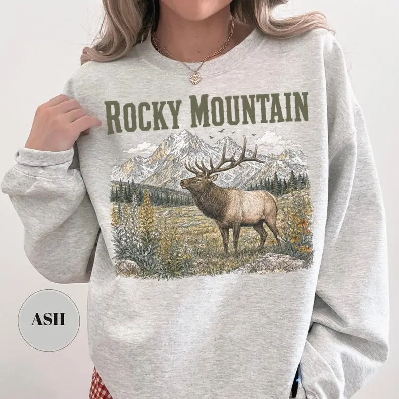 Rocky Mountain Elk Sweatshirt, Vintage National Park Crewneck, Wildflower Nature Pullover, Cottagecore Wildlife Gift, Colorado Hiking Sweater