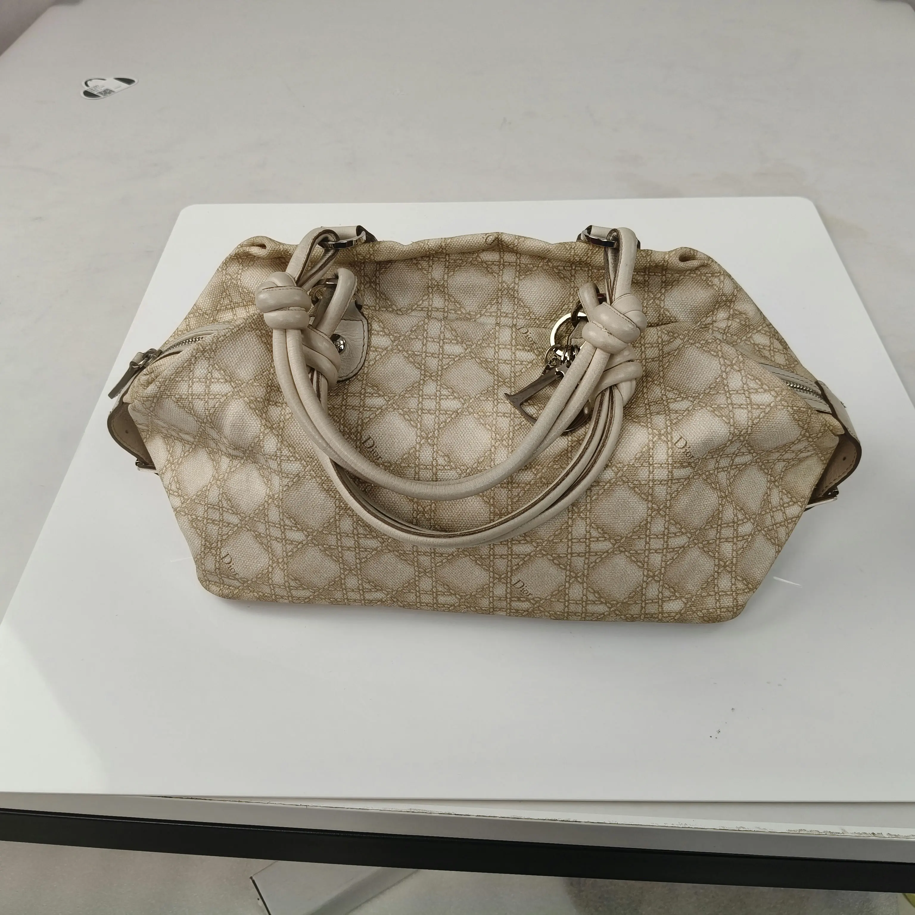 Pre-owned Dior Canvas Tote Bags Christian Cream Cherie Cannage Printed Zip Bag