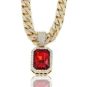 Fashion Square Red Full Diamond Pendant Necklace Men's Trendy Hip-Hop Cuban Chain