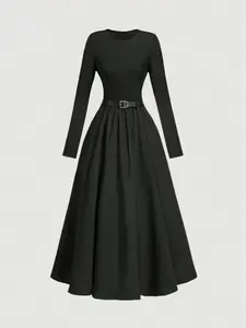 Women's Solid Color Long Sleeve Dress with Belt, Classy Modest Dresses, Elegant Fashion Casual Round Neck Dress for Daily Outdoor Wear, Women Dress for Spring & Fall, Modest Style Dress
