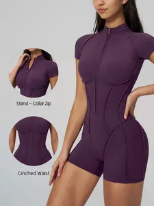 Women's Sportswear Overall, Half-Zip Stand Collar Short Sleeve Yoga Pants, High Elasticity, Breathable, Quick-Dry, Shapewear Design
