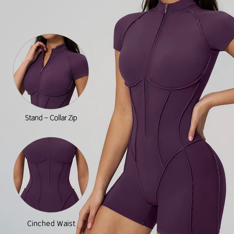 Women's Sportswear Overall, Sporty Jumpsuit, Athletic Jumpsuits, Half-Zip Stand Collar Short Sleeve Yoga Pants, High Elasticity, Breathable, Quick-Dry, Shapewear Design, Fitness Yoga Jumpsuit, Stretchy Sports Jumpsuit