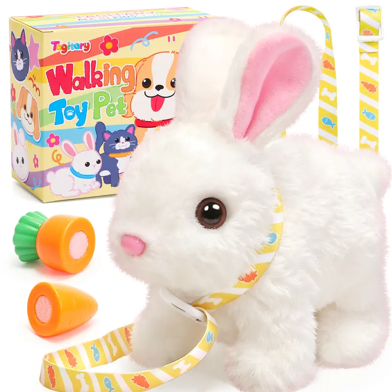 Safe Durable Electronic Plush Rabbit Toy - Interactive Pet with Sounds, Wiggling Ears, Twitching Mouth and Nose, Leash, Realistic Movements, Included Batteries - Play-Focused Cognitive Skill-Building Kids’ Gift for Easter, Birthday