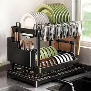 Large removable stainless steel easy-to-clean dish drying rack with cup holder, cutlery storage and cutting board rack for kitchens, suitable for households of 2-4 people, Dish Racks