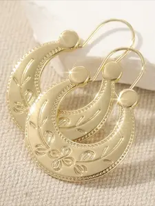 Vintage Copper Material Craftsman Hand Carved Textured Earrings, Elegant Women's Golden Hoop Earrings, Bohemian Style Earrings for Daily Wear, Boho Style Jewelry