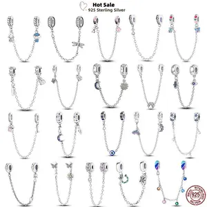 New 925 Sterling Silver Charms Buttefly Daisy Safety Chain Cat Paw Change Beads Fit Pendant Original Bracelet Ladies DIY Jewelry