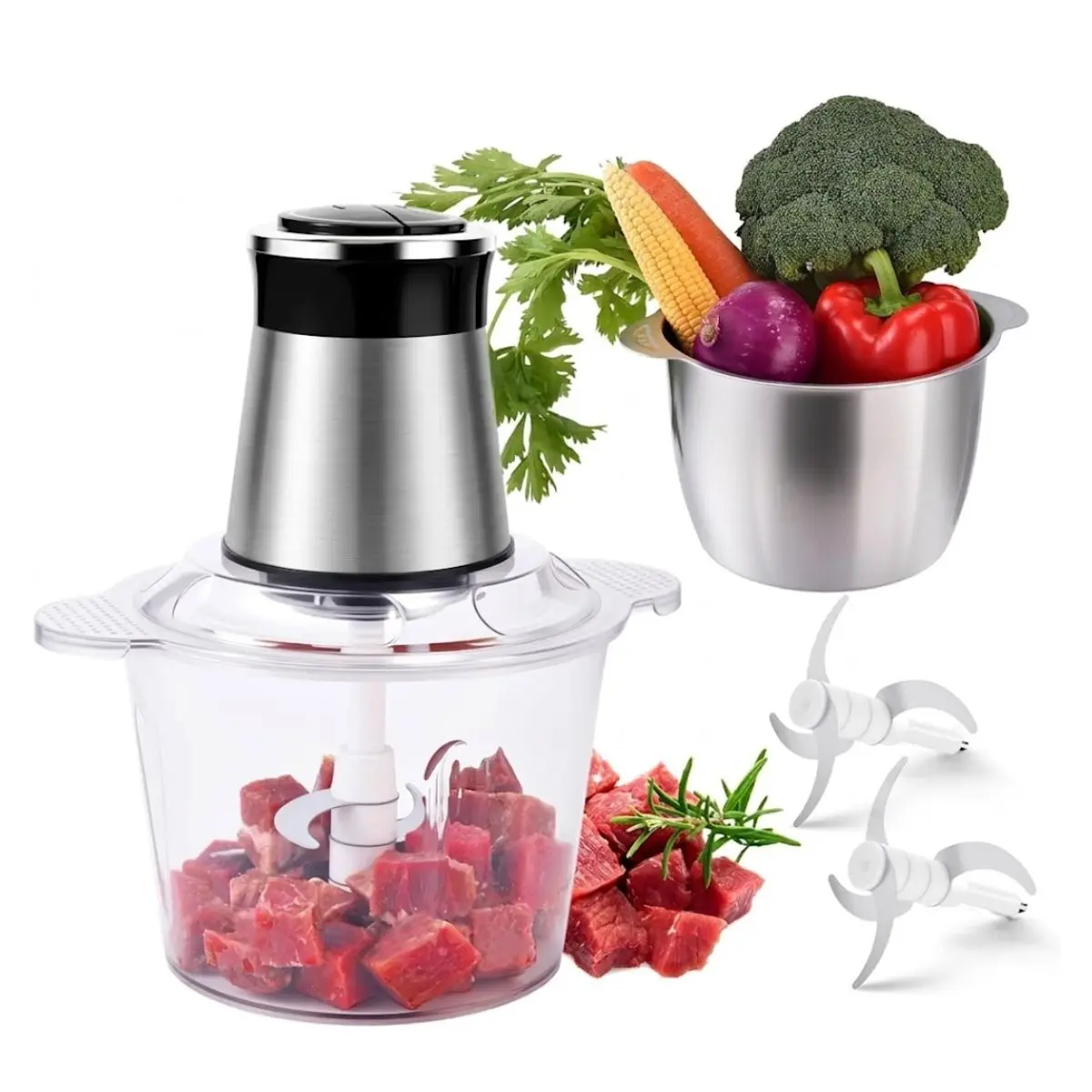 Food Processors 2-Speed Electric Meat Grinder For Home Use Vegetable Chopper - 2 Bowls (12 Cup+12 Cup) with Powerful 300W Copper Motor - Includes 2 Sets of Bi-Level Blades for Fruits/Meat/Nuts