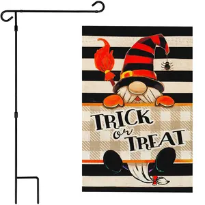 G128 Combo Pack: Garden Flag Stand 36x16IN & Garden Flag Halloween Trick Treat Gnome Printed 12x18IN Double Sided