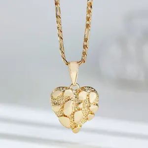 14K Gold Plated Brass Golden Nugget Heart Pendant & 4mm 22" Figaro Chian Necklace Gift Set Daily Birthday Engagement Wedding Anniversary Unisex Men Women