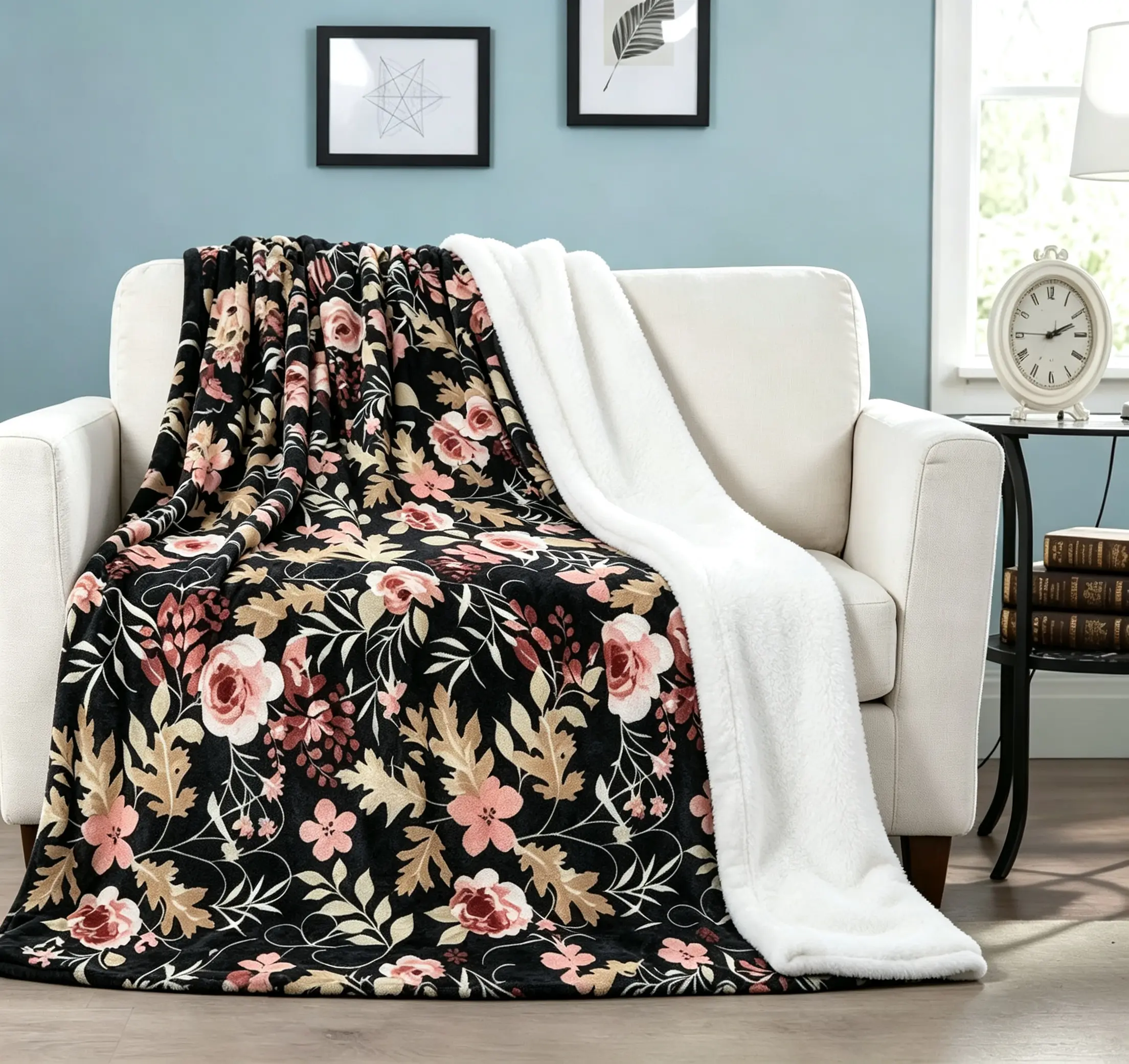 Reversible Vintage Floral Fleece Throw Blanket | Striped Back Farmhouse Fall Decor Blanket