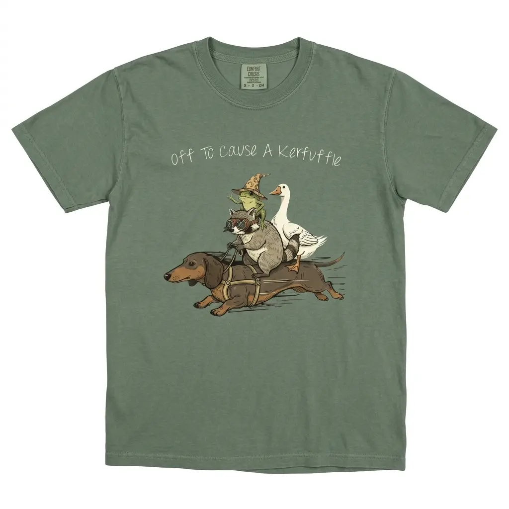 Comfort Colors Off To Cause A Kerfuffle T-Shirt, Funny Dachshund, Frog Meme, Raccoon Tee, Silly Goose, Short Sleeve Unisex T-Shirt
