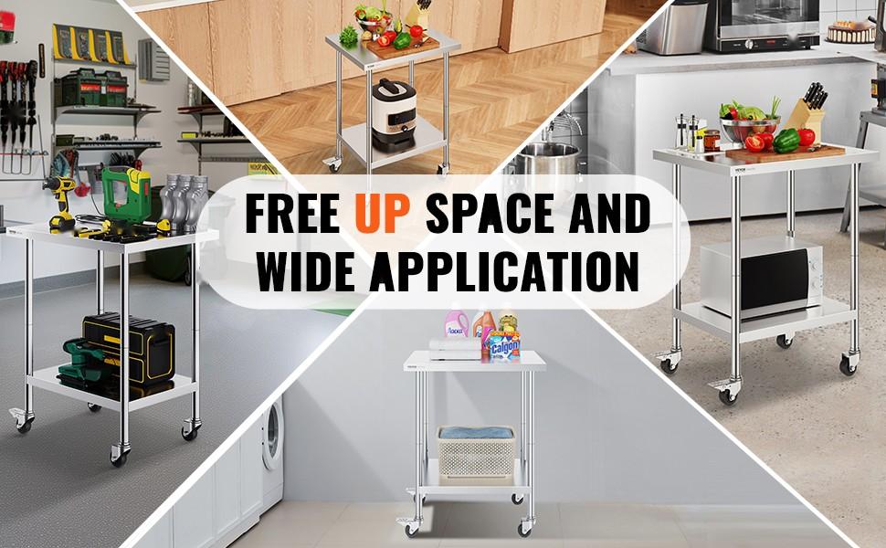 Stainless Steel Work Table With 4 Locking Wheels, 24 X 30 X 38 Inch, Three Adjustable Height Levels, Heavy Duty Food Prep Table For Commercial Kitchen, Restaurant Use, Silver Finish
