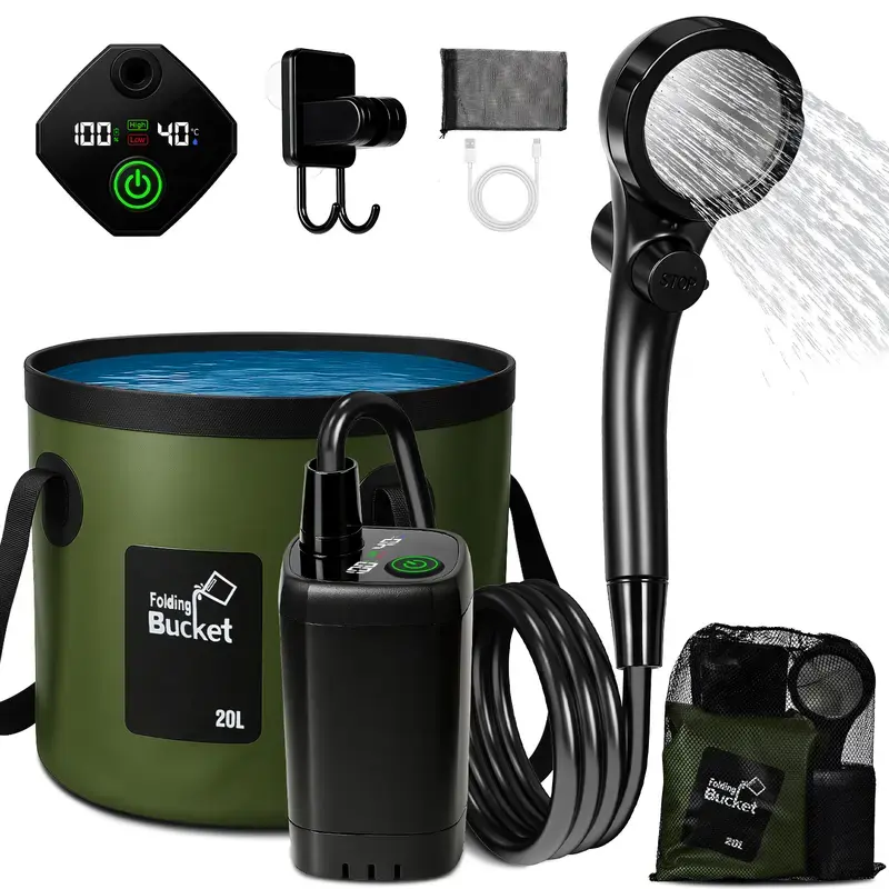 Folding Bucket 20L Portable Shower System with Digital Display and Adjustable Hose for Outdoor Use