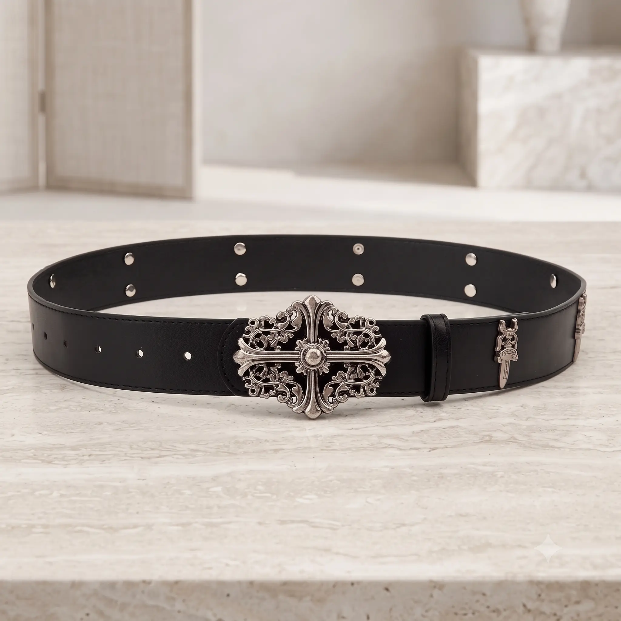 Vintage Black PU Leather Belt, Adjustable Waist Belt with Ornate Antique Silver Buckle and Decorative Metal Accents