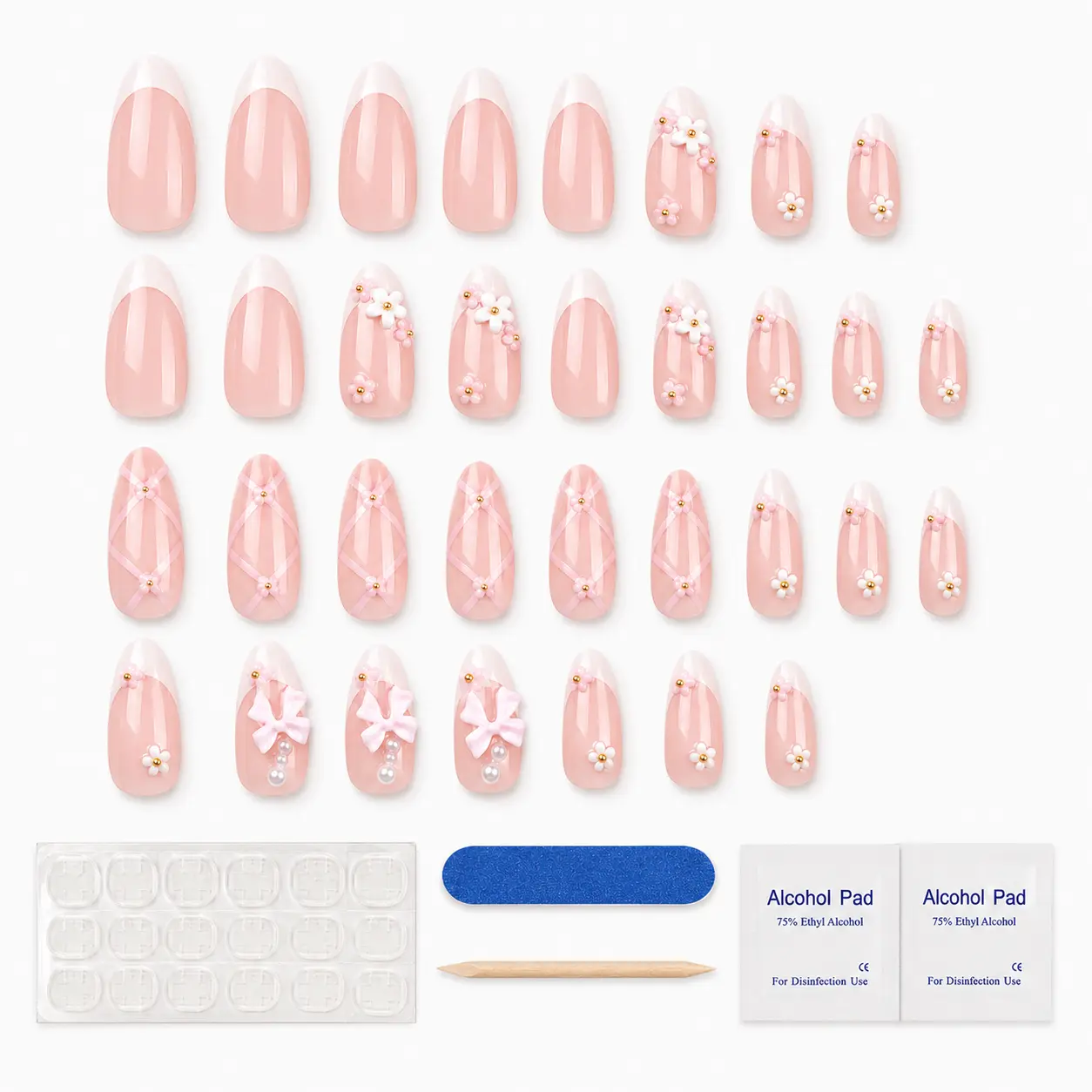 24 PCS Press On Fake Nails Extensions - 3D Textured Cat Eye French Tip Medium Long Almond Nail Art Supplies with 3D Floral & Ripple Design, Premium Salon-Grade Reusable Set, NailTok Approved No-Damage At-Home Manicure Hack for Daily Wear & Parties
