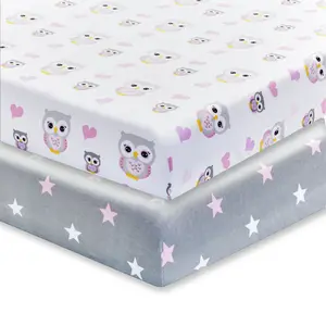 Everyday Kids 2 Pack Fitted Crib Sheet, 100% Soft Breathable Cotton its Standard Size Crib Mattress 28in x 52in- Owls/Stars