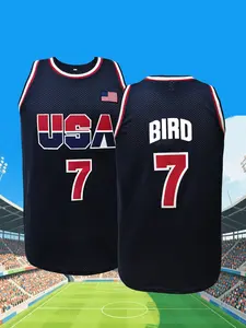 #7 Bird USA Retro Basketball Jersey Unisex Embroidered Mesh Sleeveless Sports Shirt for Hip Hop Theme Party Daily Outfit
