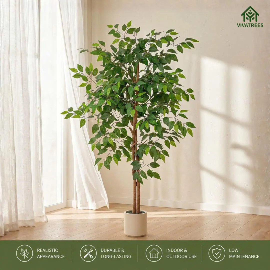 5FT Artificial Ficus Tree with White Planter, Realistic Faux Silk Plant, Indoor Outdoor Decorative Tree for Home, Office, Living Room, Porch & Garden