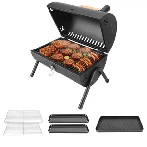 Portable Charcoal Grill, 2-in-1 BBQ Grill with Dual-Sided Grilling Area, Detachable Charcoal Pan & Grill Rack, Foldable Legs, Compact Tabletop Smoker Grill for Outdoor Cooking, Camping, Picnic, Backyard, Tailgating Double-Sided Firebox