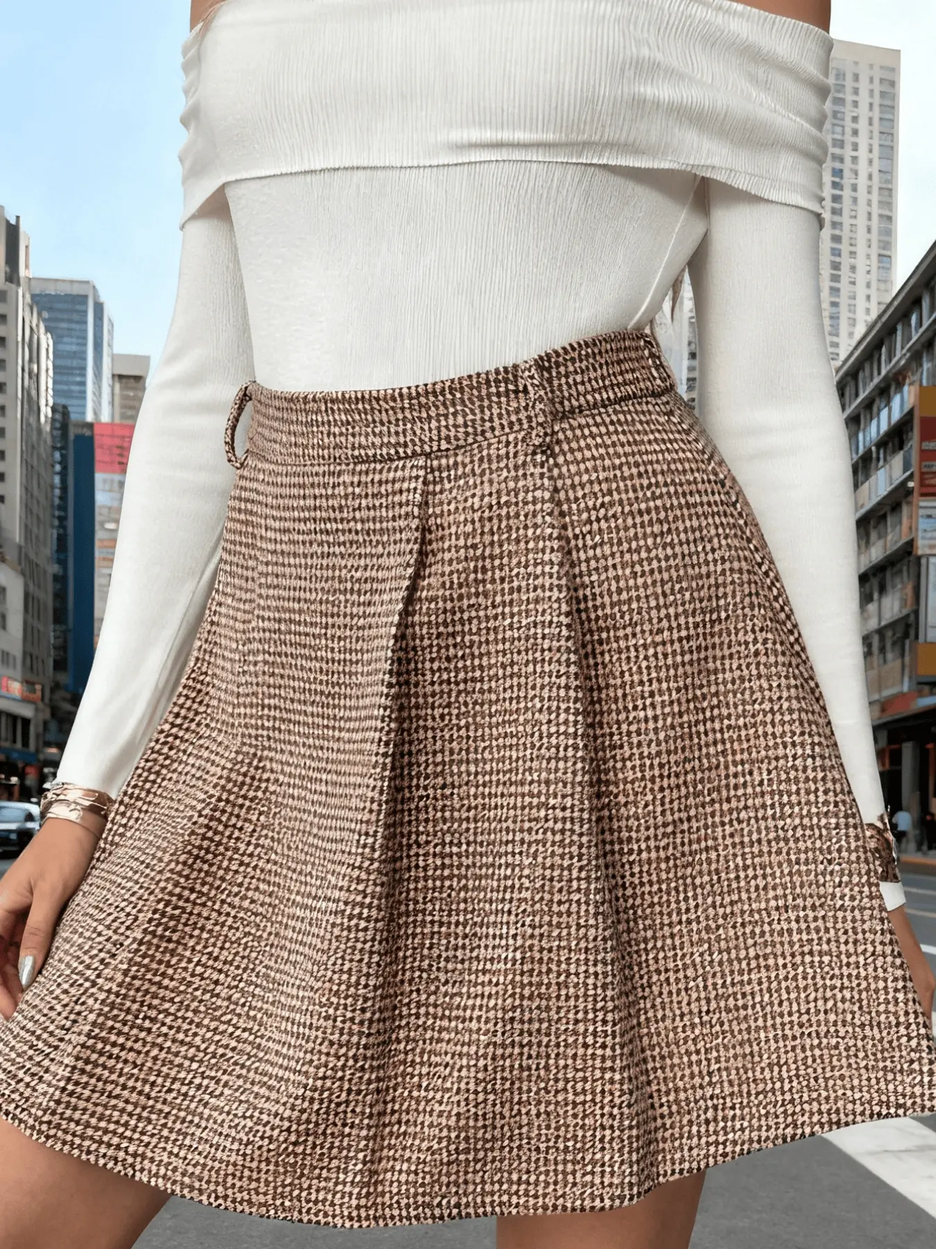 Women's Fashion Vintage Office Commute A-Line Short Skirt, Elegant Houndstooth Pleated Half-Skirt, Casual Wear for All Seasons