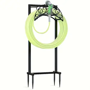 Heavy-Duty Metal Freestanding Garden Hose Holder with 4-Anchor Base - Upgraded Detachable Design for 100ft Hose Storage, Sturdy Yard Hose Stand for Lawn & Garden Accessories (Black), Decorative Top Design, Durable Construction