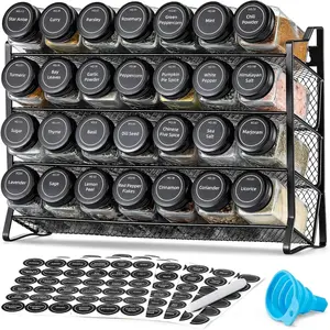Spice Rack Organizer for Cabinet, with 28 Empty Spice Jars with Black Lids, Funnel, Spice Labels, or Countertop, Cabinet,, Pantry, Cupboard