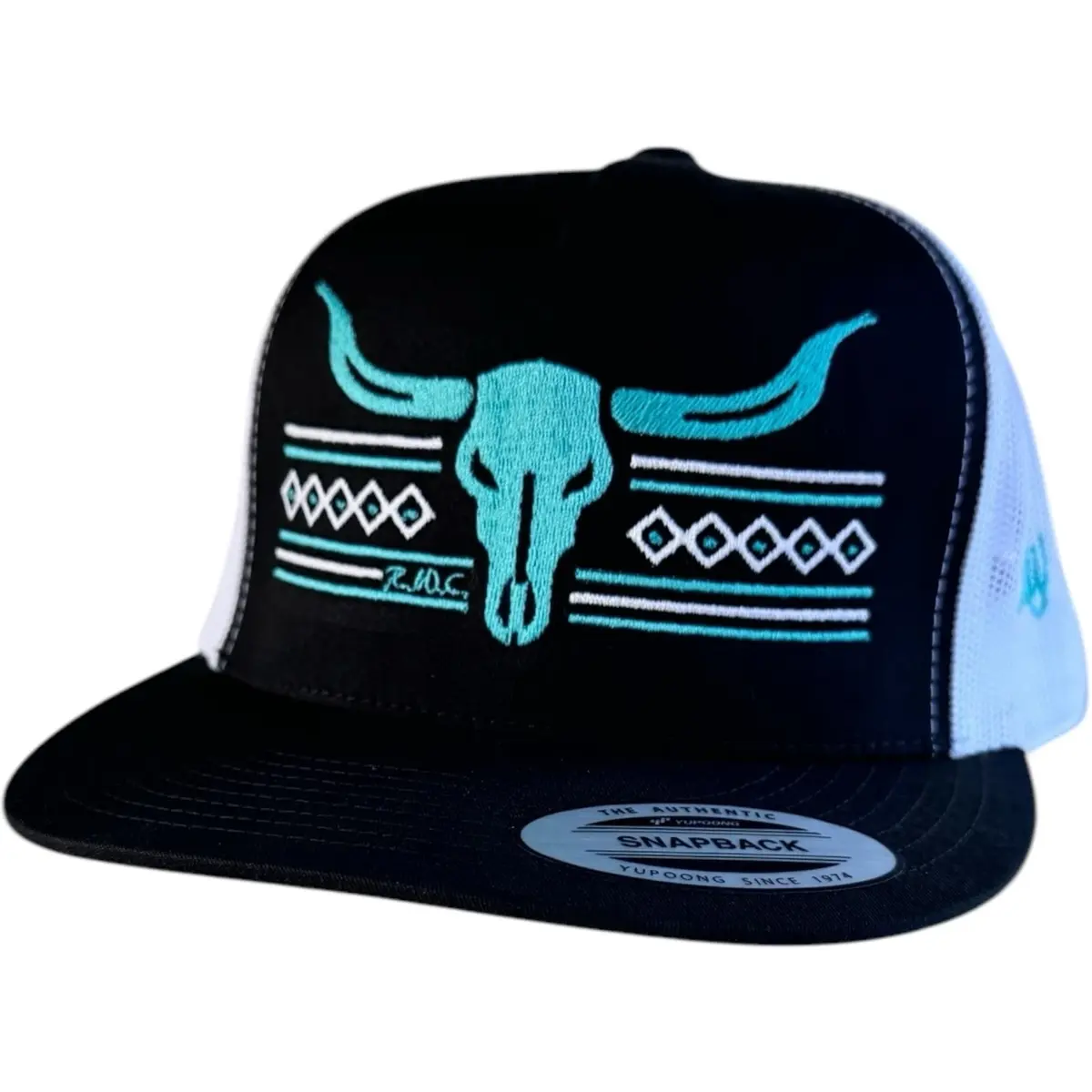 RW Aztec Toro Unisex Adjustable Snapback Mesh Cap - Trucker-Style Hat with Embroidered Bull Head Patch, Black and White, Adjustable Snapback Cap, Casual