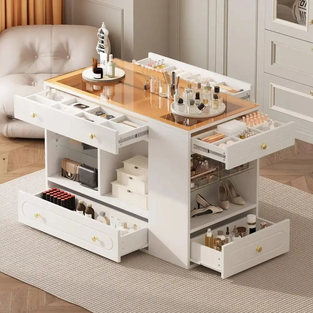 47.3" Closet Island with 6 Drawers Table, Wardrobe Armoire Island with Glass Dis