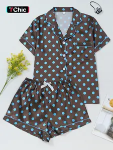 Women's 2-Piece Satin Pajama Set, Polka Dot Fitted Top with Pocket, Bow Short Pants, Casual Home Wear, Comfortable Sleepwear