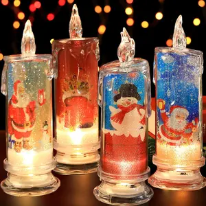 Flameless LED Candles Set of 4 with Santa Claus, Snowman Decals - Battery Operated Christmas Themed Festival Gift Decorations
