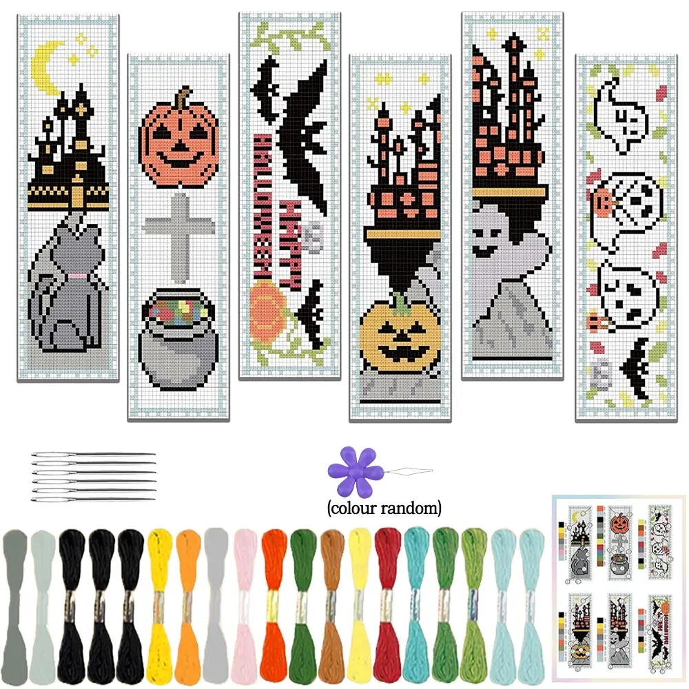 6counts Halloween Cross Stitch Bookmark Kit, Book Accessories, Cute Spooky Style, Includes Ghost & Castle Patterns, Perfect Gift for Book Lovers & sewing enthusiasts, can be used as birthday gifts and campus gifts