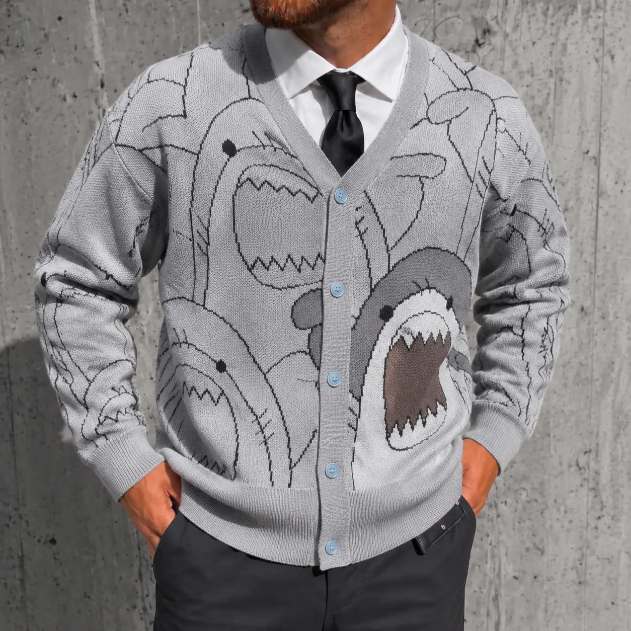 Men's Shark Graphic V-Neck Cardigan Sweater. Cozy Unisex Oversized Knitwear for Matching Couples. Trendy Fall Back to School Outfit & Essential Layering Piece. Wear as Casual Outerwear or Warm Inner Top for Everyday Style.