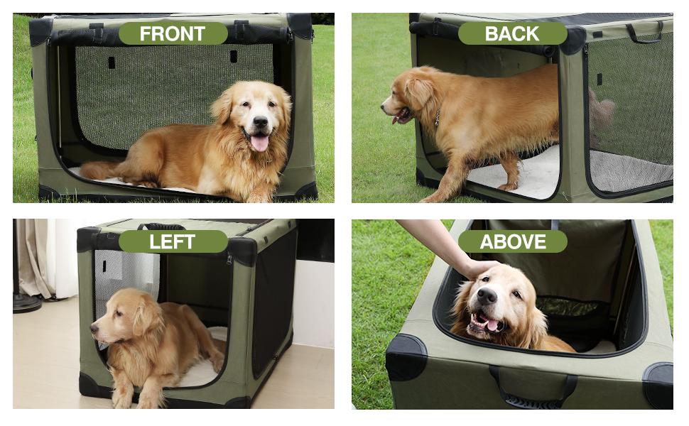 Collapsible Travel Dog Crate for Medium Large Dogs Portable Oxford Cloth 4-Door Foldable Soft Kennel with Chew-Proof Mesh Windows for Indoor & Outdoor Travel with Storage Bag Green - Animal Carrier